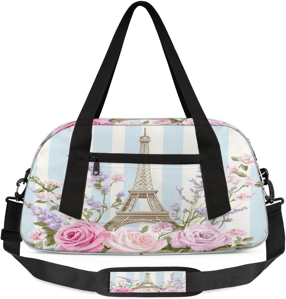 Kids Travel Duffle Bag Weekender Overnight Bag Gym Tote for Boy Girls Carry On Workout Duffel Bag(Watercolor Flowers Eiffel Tower Stripes)