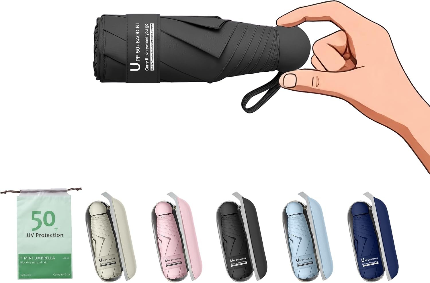 BAODINI Travel Essentials Mini Umbrella for Purse With Case Small Compact UV Sun Protection Lightweight Tiny Pocket Manual Open Close Umbrella for Women Kids and Men Fits Purse Backpack