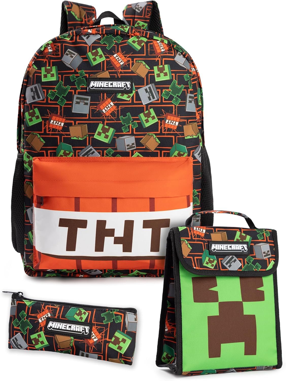 Minecraft Creeper & TNT Unisex Kids Multicoloured 3 Piece Backpack Set | Zipper & Hook Closure | Carry School Supplies | Back to School Essentials Merch