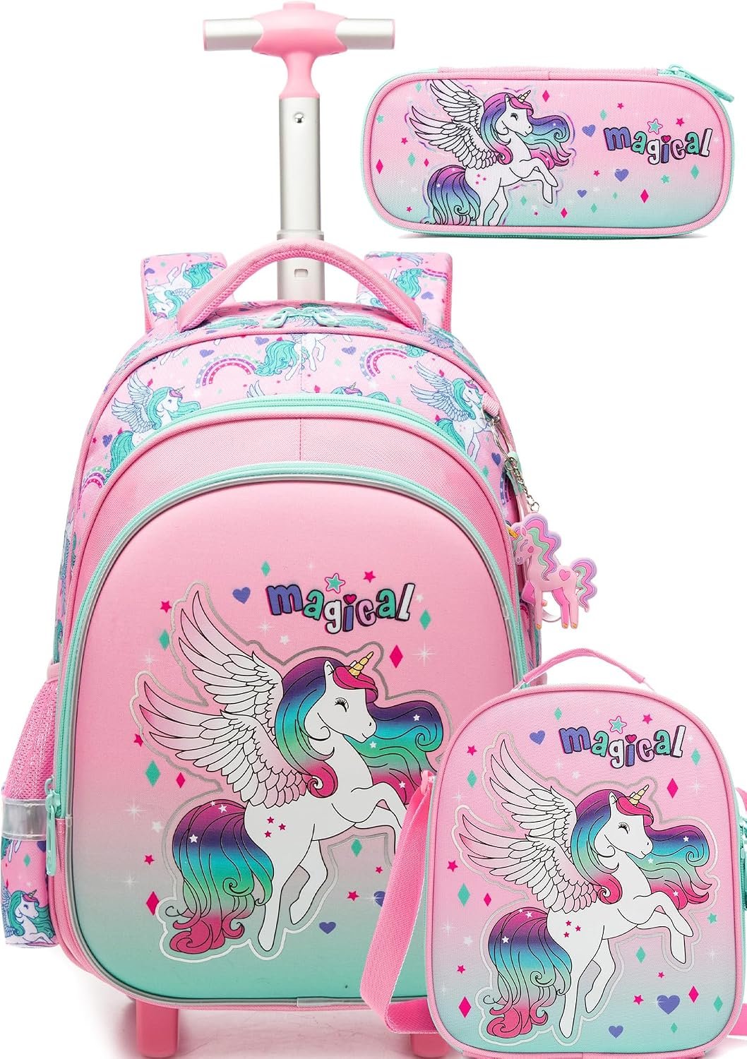 Meetbelify Rolling Backpack for Girls Unicorn Backpack with Wheels Kids Roller Suitcase Travel Luggage for Elementary Student Ages 6-8